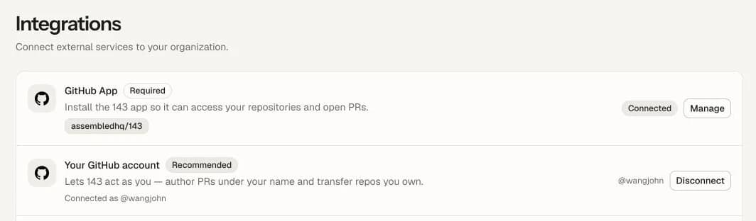 143 integrations settings showing the GitHub App and personal GitHub account connected