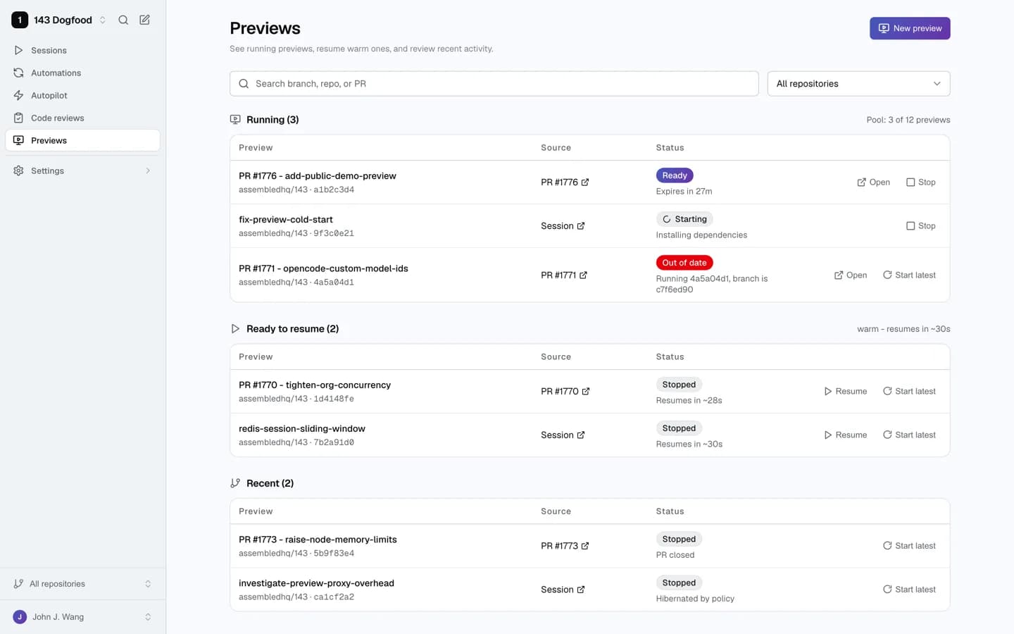 143 Previews page showing running, resumable, and recent cloud previews with status and open actions